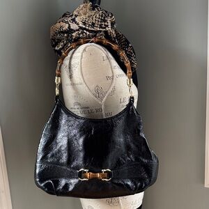 Talbots black patent bamboo handle and horse-bit shoulder bag purse